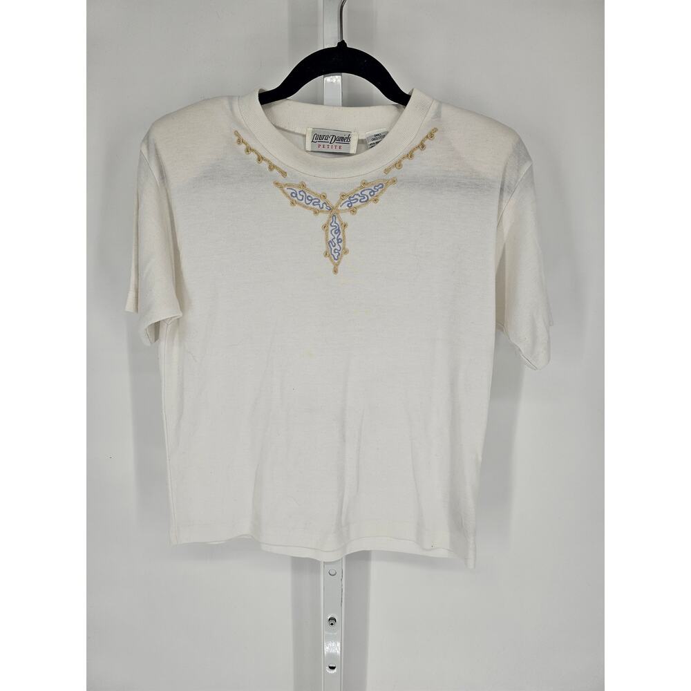 Laura Daniels Women's Short Sleeve White Embroidered Crew Neck Top Size S